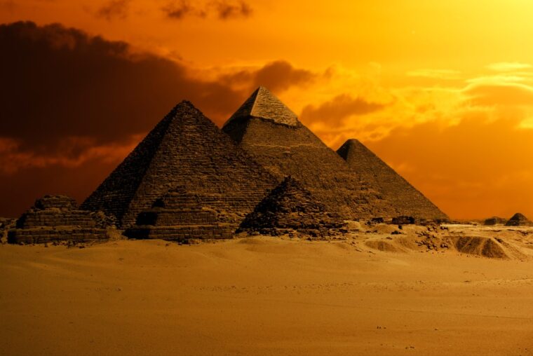 Pyramids of Giza at sunset, Cairo, Egypt