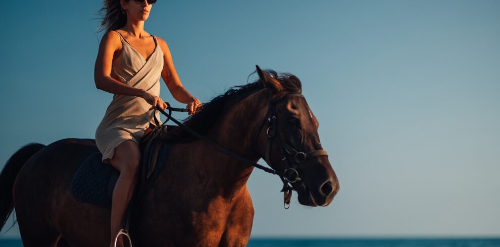 Low angle portrait of a female rider riding her horse at the seacoast